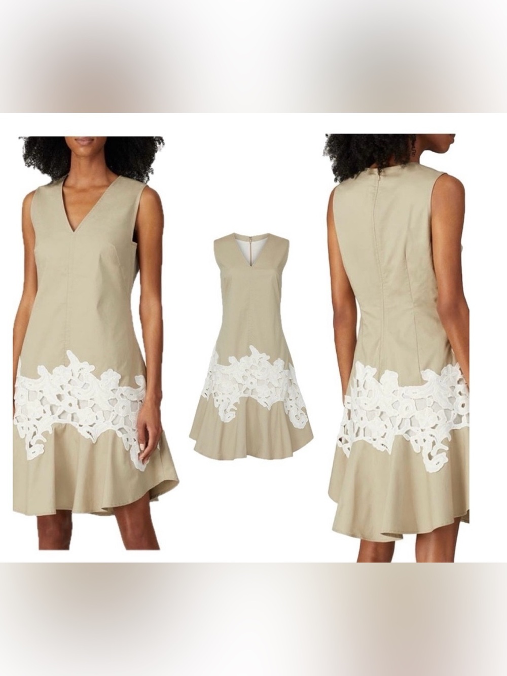 Derek Lam khaki tan brown white crochet lace appliqué sleeveless Cocktail Dress
